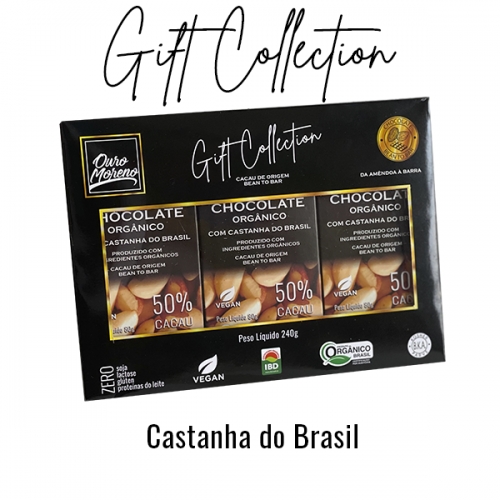Gift collection de chocolate orgânico com castanha do brasil 50% cacau com 3 barras de 80g